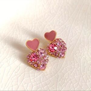 Pink Rhinestone Double Heart Stud Earrings Gold Tone Romantic Sparkle NWT